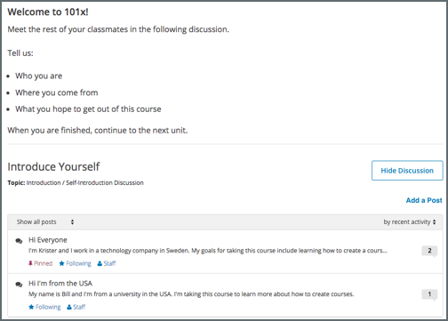 An HTML text component and then a discussion component, as they appear in the LMS.