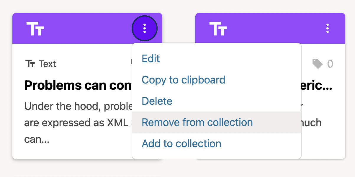 The three-dot menu on a collection card, with the options "Edit", "Copy to clipboard", "Delete", "Remove from collection", and "Add to collection"