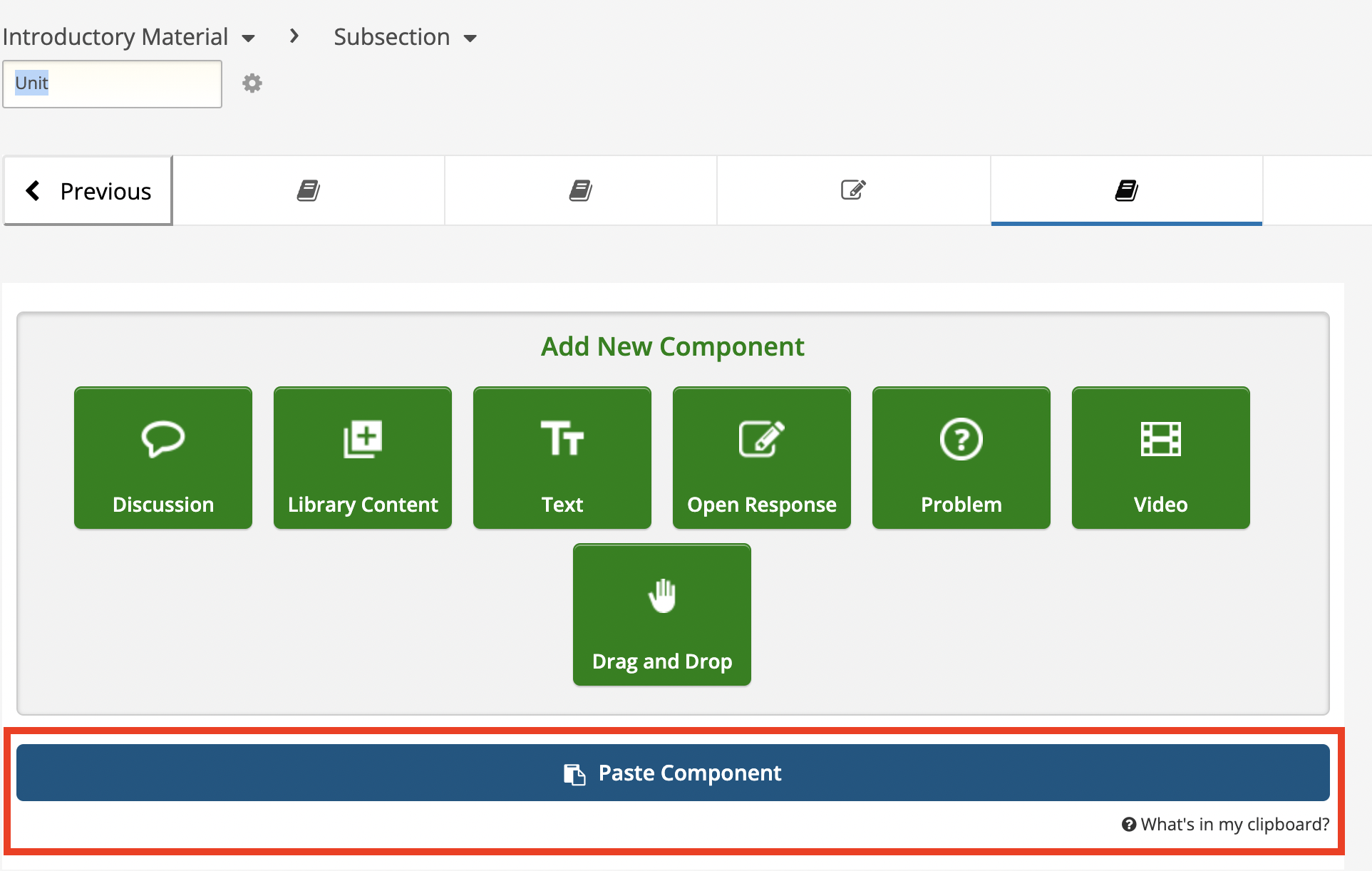 A screenshot of the New Unit page showing the new Paste Component button at the bottom
