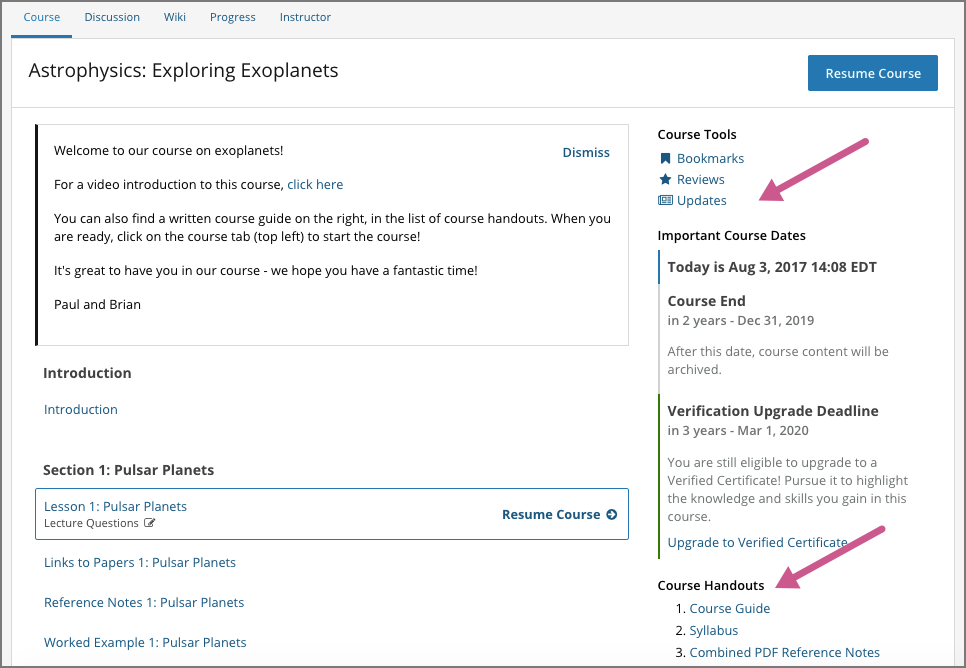 The **Course** page as it appears to learners, showing the course welcome message in the main reading area, and in the sidebar, the **Updates** link under the **Course Tools** heading and links to handouts under the **Course Handouts** heading.