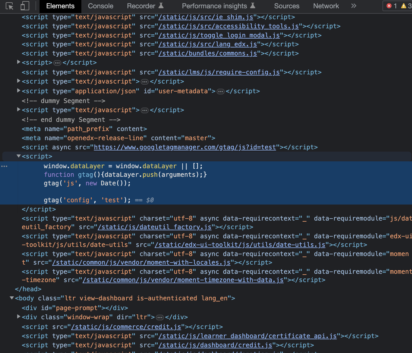 A screenshot of the course dashboard source code showing where to locate the GA4 snippet.