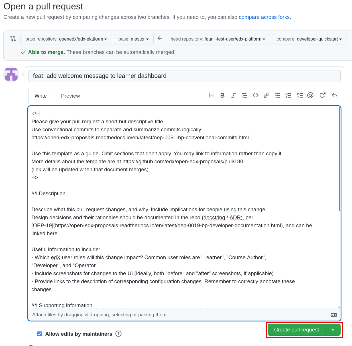 Screenshot of the Pull Request Form with "Create Pull Request" highlighted.