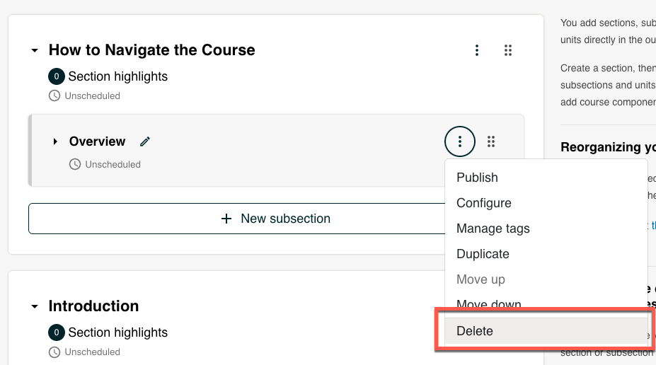 Part of a course outline showing a subsection with the Delete icon circled.
